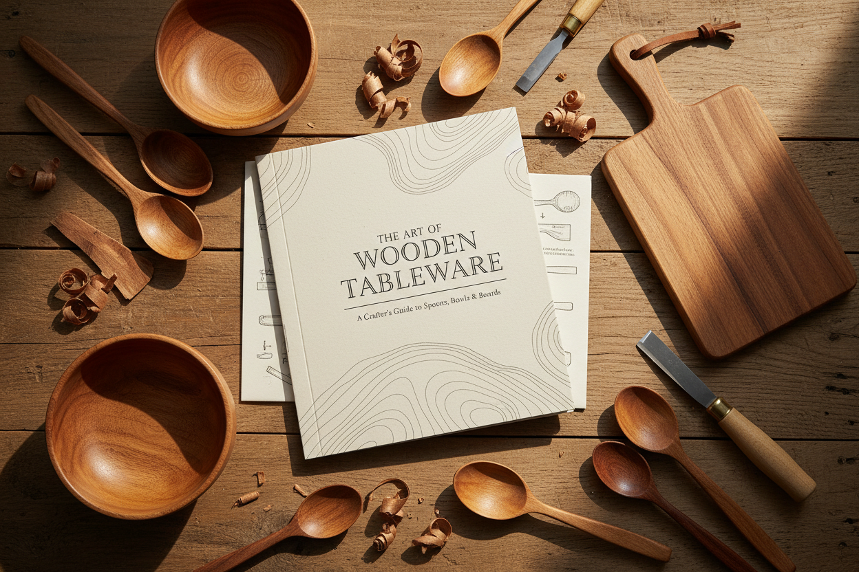 Instructional guide for making wooden tableware surrounded by handcrafted wooden pieces