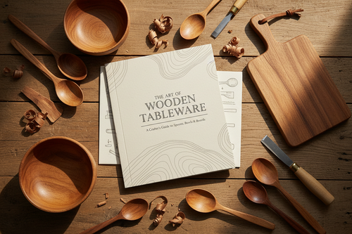 Instructional guide for making wooden tableware surrounded by handcrafted wooden pieces