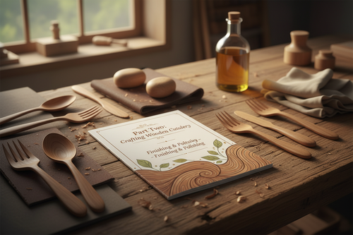 Part Two instructional guide for making wooden cutlery with pieces being sanded and finished