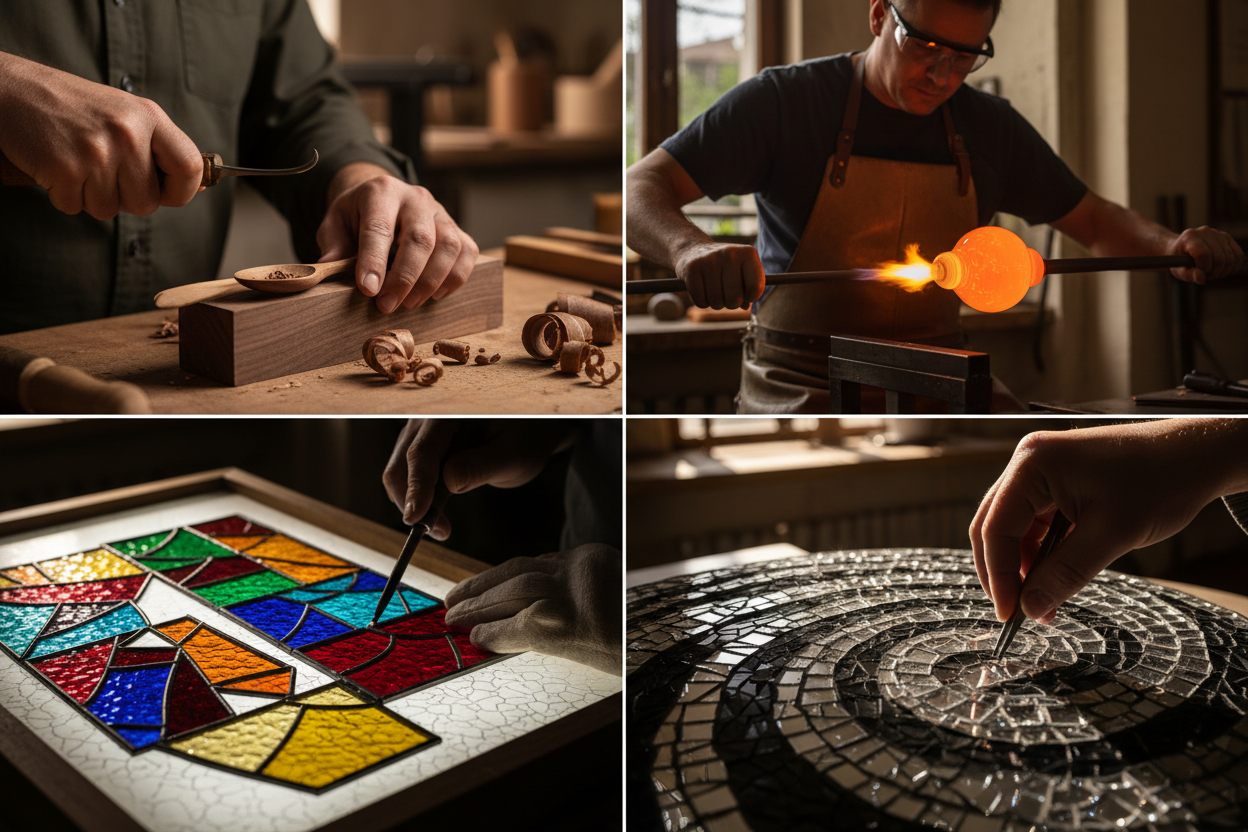 Four-craft collage showing wood carving, glassblowing, stained glass, and mirror mosaic
