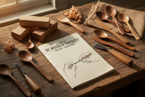 Part One instructional guide for making wooden cutlery surrounded by handcrafted wooden forks, knives, and spoons