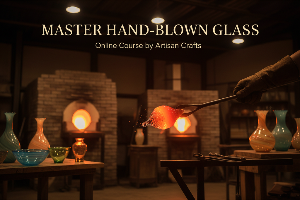 Glassblowing video course showing craftsman shaping molten glass with furnace glowing in background